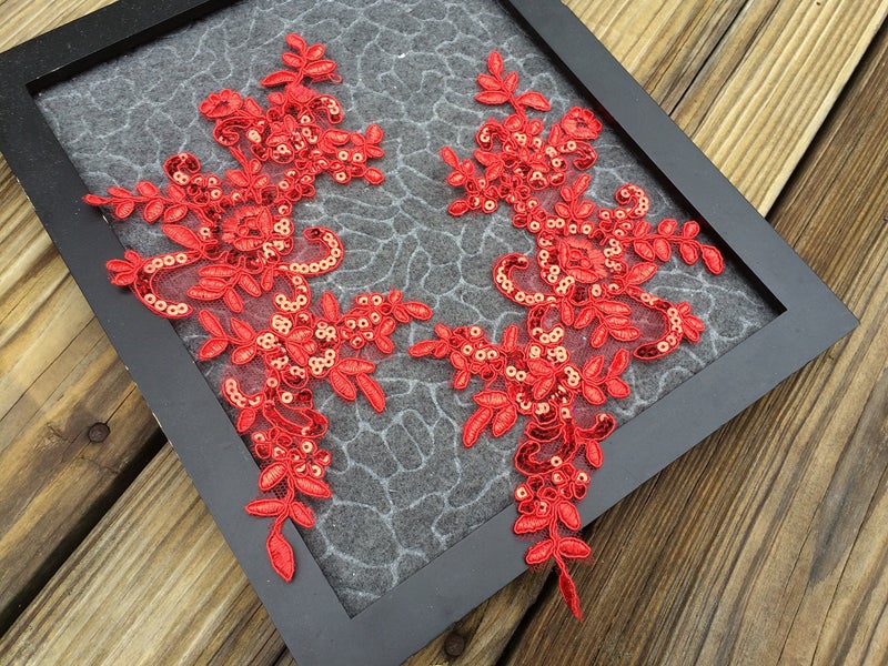 lynncollection A115 TWO Pairs Red Color Lace Appliques Wedding Applique  Lace Appliques  Embroidered Appliques - Image 2